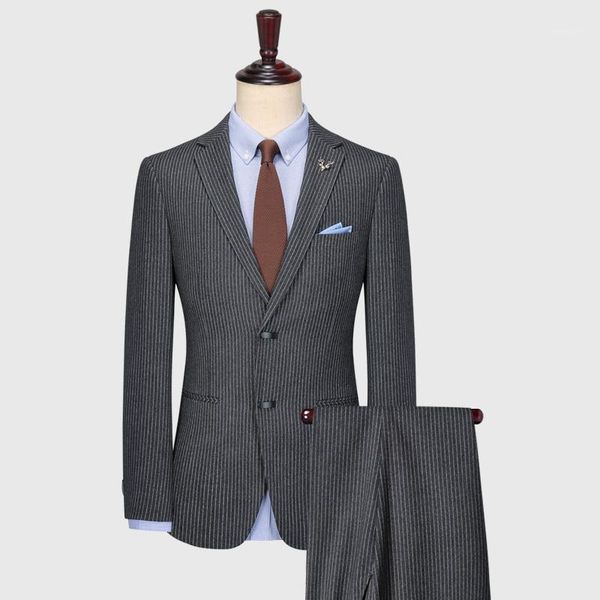 

(jacket pant) grey stripe mens suits groom wear 2 piece wedding suits groomsmen man formal business suit for men thicken1, White;black