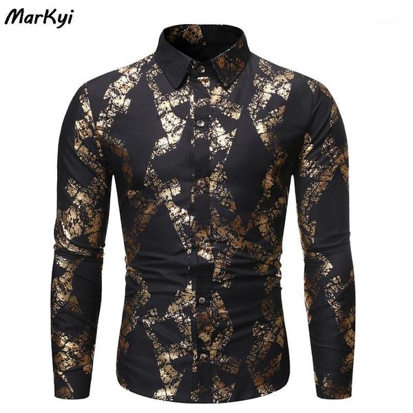 

markyi 2019 fashion gold stamp print mens shirts regular fit good quality men dress shirt long sleeve1, White;black