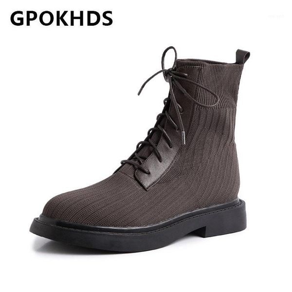 

gpokhds 2021 women ankle boots winter short plush round toe knitted lace-up med heels female riding boots size 401, Black