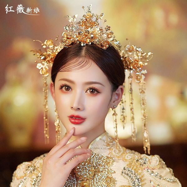 

tmchinese headdress, golden crown, hongwei style bride ancient hairdressing, xiuhe clothing, dragon and phoenix coat accessories m, Silver