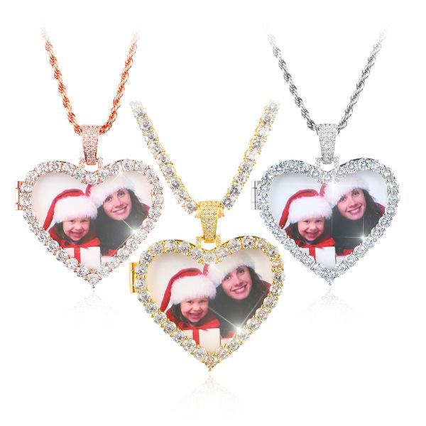 

custom pictures crystal heart medallions pendant necklace gold silver cubic zircon men's hip hop jewelry with 4mm tennis chain q1107