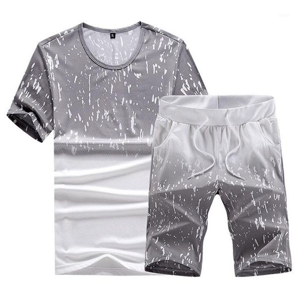 

casual men clothing set summer beach fashion t shirts and short pants elastic waist breathable fitness sportswear tracksuit1, Gray