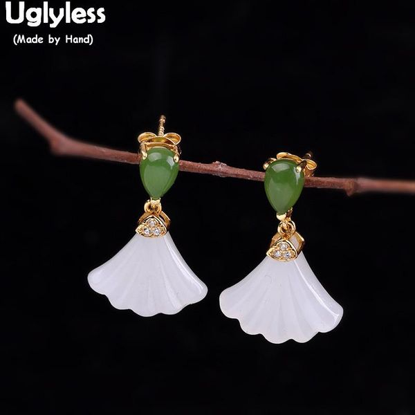 

uglyless handmade natural jasper jade shell fan earrings for women real 925 silver dress earrings gemstones fine jewelry e1556