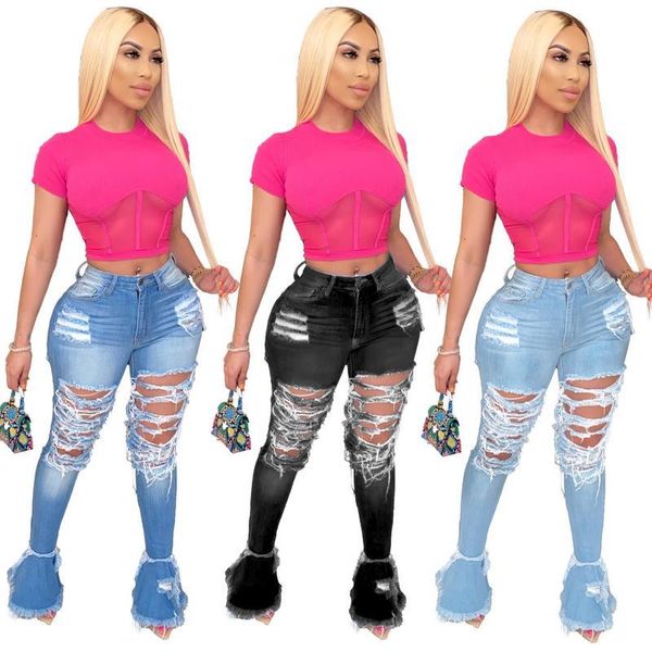 

womens summer casual street mid waist zip up button distressed ripped lightweight flared long skinny pencil jeans, Blue