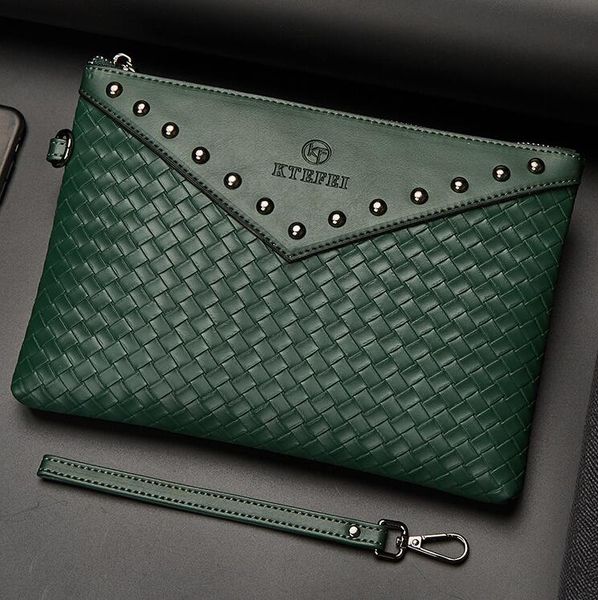 

Wholesale factory men shoulder bags soft and comfortable leather clutch bag horizontal multifunctional rivet handbag street trend woven storage wallet, Green-10091