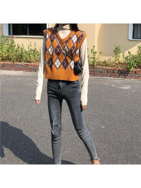 

women knitted v-neck loose sleeveless vest vintage argyle plaid sweater tank m5te1, Black;white