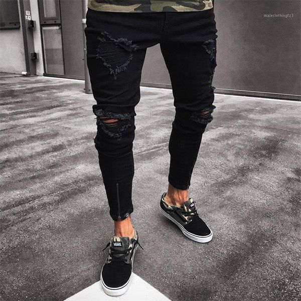 

men's jeans mens cool designer brand black skinny ripped destroyed stretch slim fit hop pants with holes for men1, Blue
