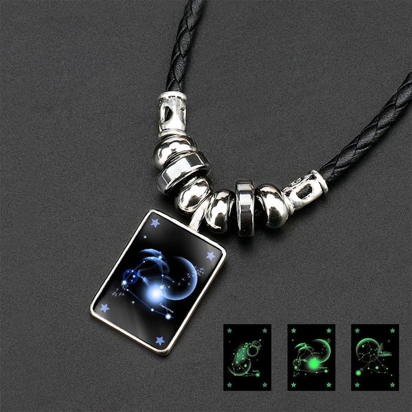 

glow in the dark constellation necklace 12 zodiac signs square pendant leather rope chains for men fashion jewelry gift, Silver