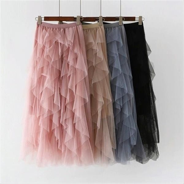 

long tutu tulle skirts women high waist pleated skirt female 2020 sweet pink ruffles high waist pleated skirt faldas saias jupe, Black