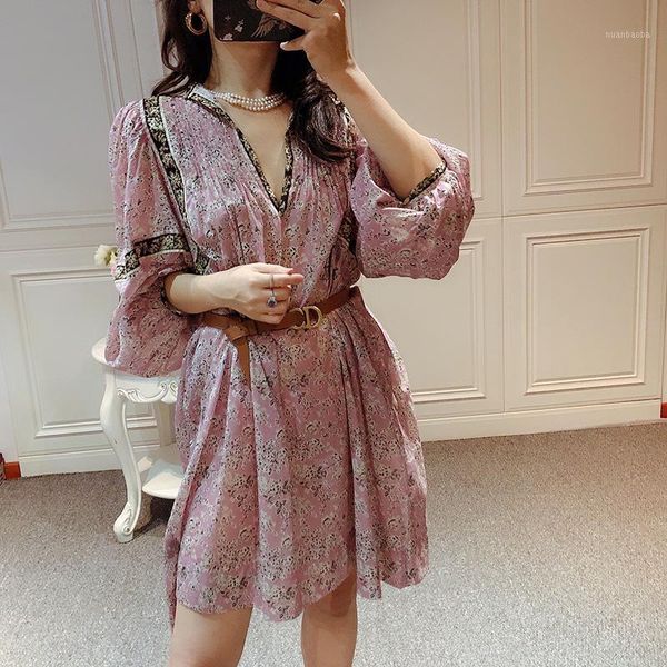 

women's floral printed mini dress lantern sleeve v-neck loose vintage two-piece female dress1, Black;gray