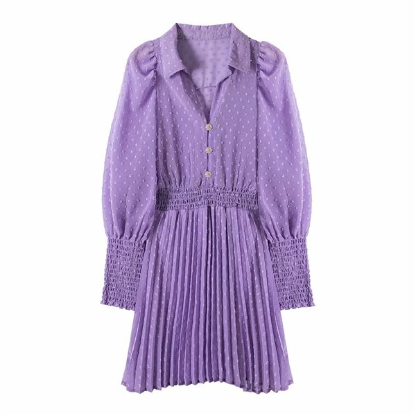 

2021 new elegant women dot pleated es fashion ladies elastic waist sweet female chic solid purple chiffon vestidos 77b9, Black;gray