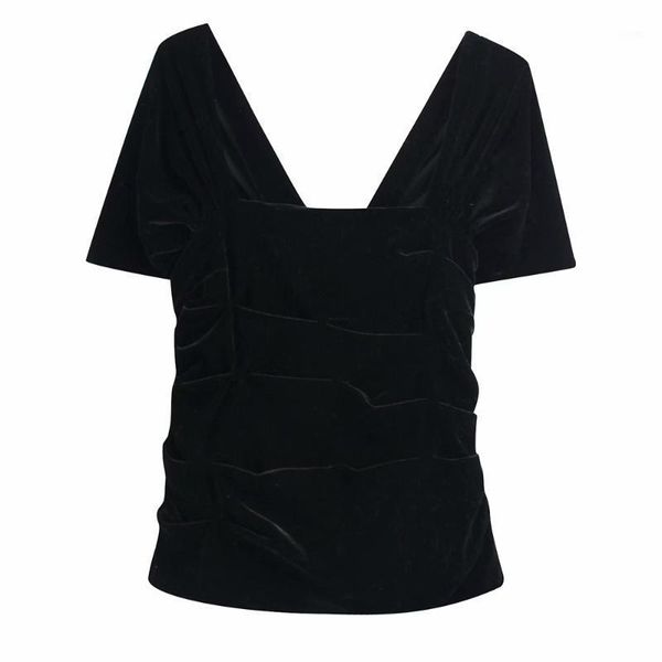 

women's early spring 2020 new short sleeve straight collar pleated honeycomb decoration pleated design velvet, White