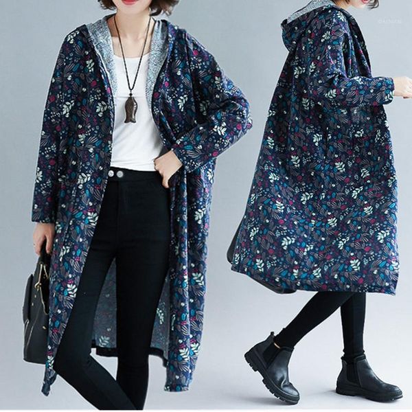 

plus size 4xl autumn fashion hooded print trench coat women long cotton linen loose windbreaker sweatshirt outerwear female, Tan;black