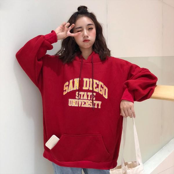 

sweatshirt women hooded warm thicker plus velvet letter printed loose long sleeve womens hoodie korean style harajuku regular, Black