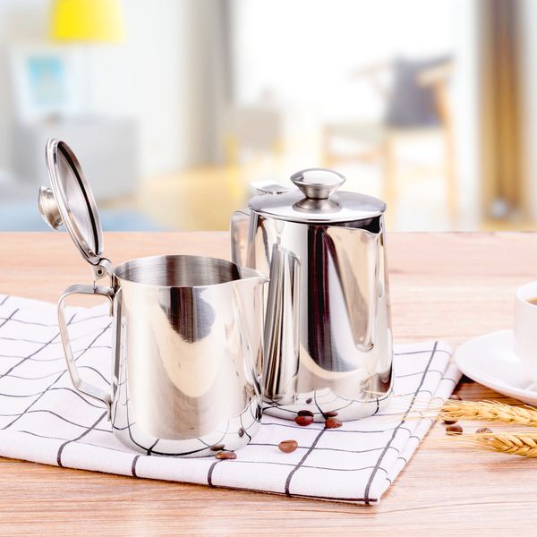 

stainless steel coffee milk frothing pitcher jug dripless spout mug with lid creamer cup for home cafe bar (350ml600ml) q0109