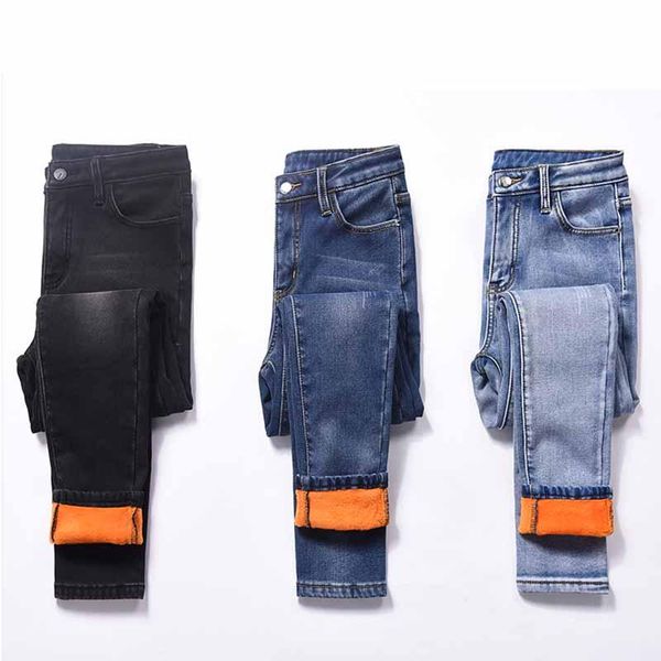 

women's jeans women high waist increase down winter warm bound feet thickening velvet elastic trousers pants plus size, Blue