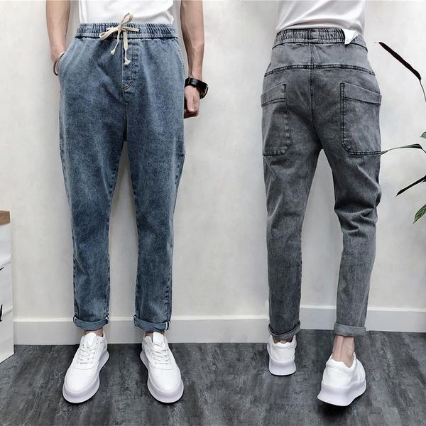 

2019 men summer ankle-length jeans distressed slim denim pencil pants blue gray trousers with pockets middle waist streetwear1