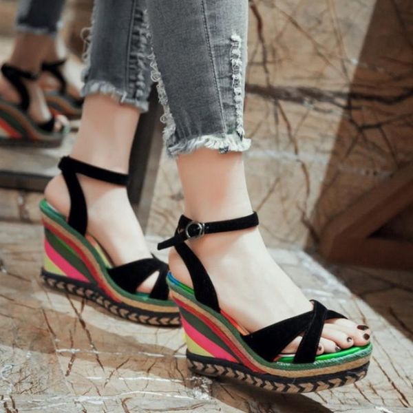 

rainbow wedge sandals women shoes handmade female shoes high heels platform sandals leisure ladies pumps, Black