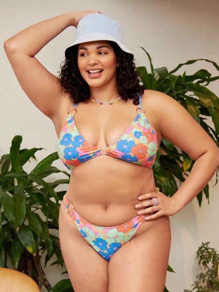 

plus floral print ring linked bikini swimsuit j9ux#, Black