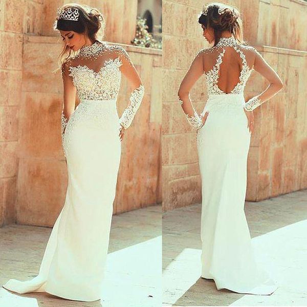 

sexybride keyhole sheath wedding dresses high neck with pearls beading long sleeve nude and ivory open back lace wedding gowns bridal dress, White