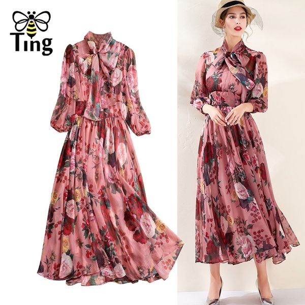 Tingfly Designer Runway Rose Flower Floral Midi Long Party Dinner Dresses Vintage Elegante abito a vita alta Bowknot Elbise Plus D 201204