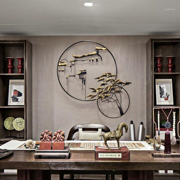 

new chinese wrought iron double ring landscape wall hangings home livingroom wall mural decoration office sticker crafts1