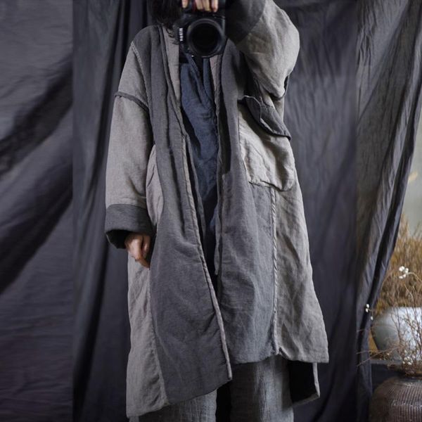 

fairynatural ladies winter patchwork trench pockets retro cotton linen coats belt 2021 spring autumn original women long coats, Tan;black