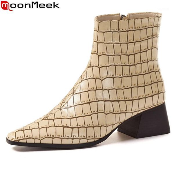 

boots moonmeek 2021 arrival fashion women genuine leather thick heels square toe with zip ankle ladies shoes1, Black