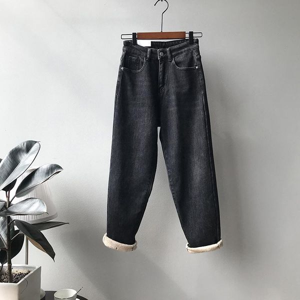 

fleece jeans women 2020 winter new loose straight fleece thickened warm casual pants 1772, Black;white