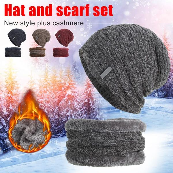 

retro horizontal and vertical lines round beanies neck scarf set soft warm knitted velvet cap lxh, Blue;gray