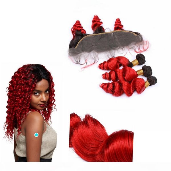 

ombre peruvian weave hair human bundles with closure dark root 13" * 4" ombre lace frontal closure #1b red loose wave closure, Black;brown