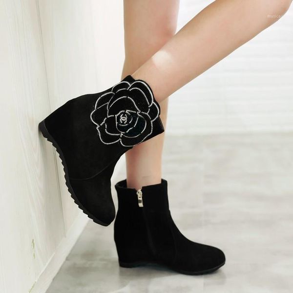 

pxelena plus size 34-43 women ankle boots flock flower crystal hidden high heel short boots fashion ladies winter shoes black1, Black