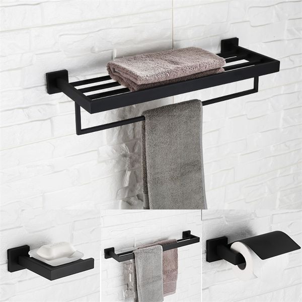 Set di ferramenta per bagno moderno quadrato fissato al muro Portasciugamani Gancio Porta carta Scopino Finitura vernice nera LJ201209