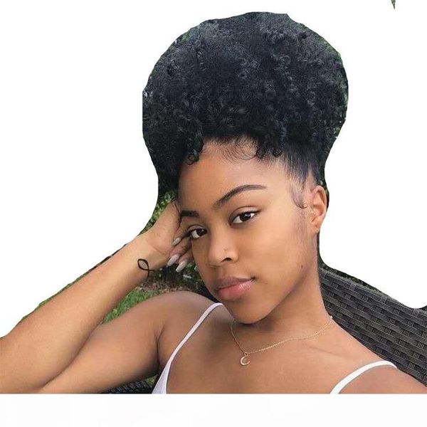 

short high kinky curly ponytails extensions mongolian clip in human hair ponytails natural color 10-16 inch 120g sleek curly ponytail, Black