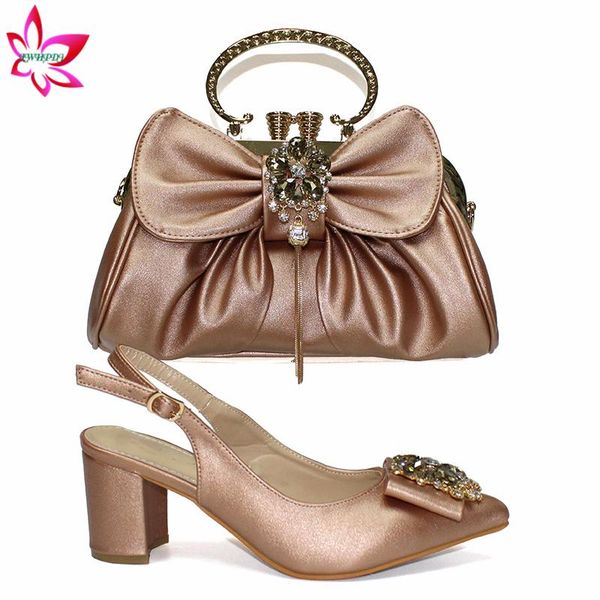

2020 summer new design pointed toe african lady shoes and bag set in champagne color pu leather italian women shoes matching bag, Black
