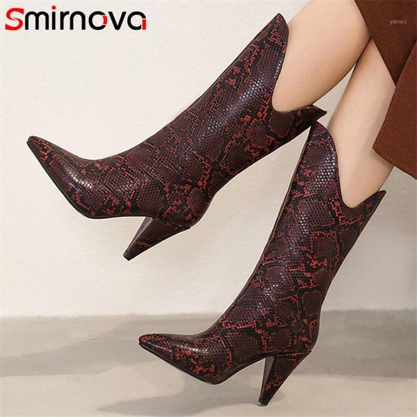 

boots smirnova 2021 est mid calf women snake pointed toe autumn winter high heel european style dress shoes ladies1, Black