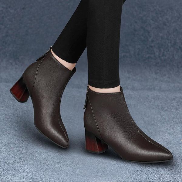 

genuine leather ankle women shoes high (5cm-8cm) women boots square heel winter boots zip basic shoes woman, Black