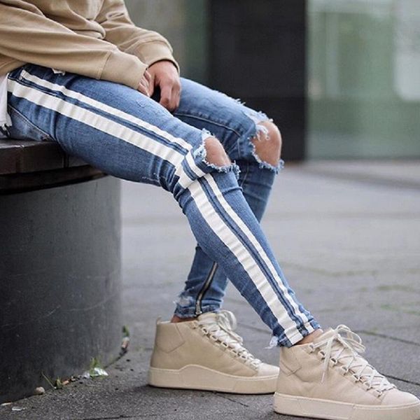 

feitong cotton jeans men spring 2021 men clothes denim pants distressed freyed slim fit casual trousers stretch ripped jeans, Blue