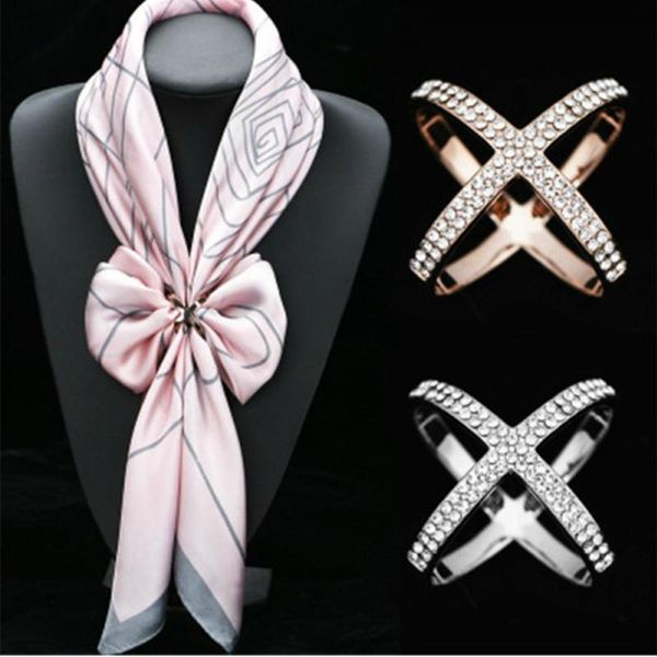 

cross brooches x shape scarf buckle crystal brooches for women hollow scarves buckle brooch jewelry clothing accesories, Gray