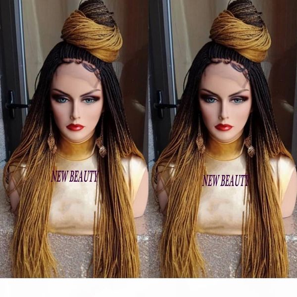 

2019 new style ombre light brown micro braided wigs with baby hair long braids wigs glueless synthetic lace front wig for black women