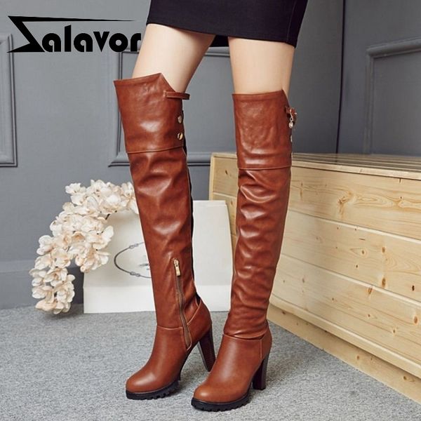 

zalavor plus size 33-45 thigh high boots winter office ladies fashion high heels long boots keep warm fur casual shoes women lj201130, Black