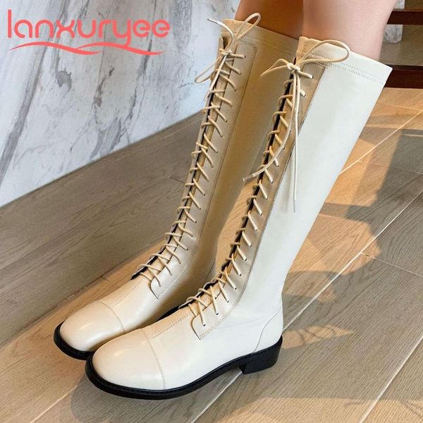 

lanxuryee genuine leather round toe med heel stretch boots korean street beauty lady dance party charming knee high boots l99, Black
