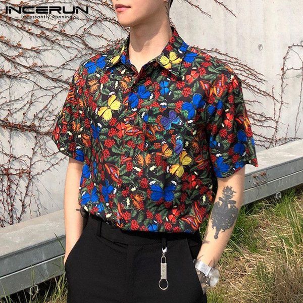 

summer printed men casual shirt streetwear lapel short sleeve breathable fashion brand men hawaiian shirts 2020 camisa incerun 71, White;black