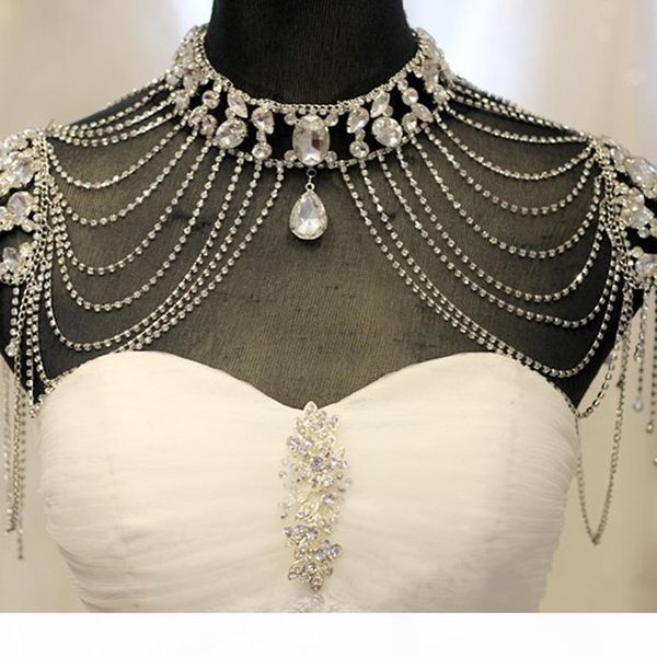 

rhinestone crystal handmade bridal shoulder necklace pearl women pageant prom wedding shoulder jewelry chain necklaces 2018, Silver