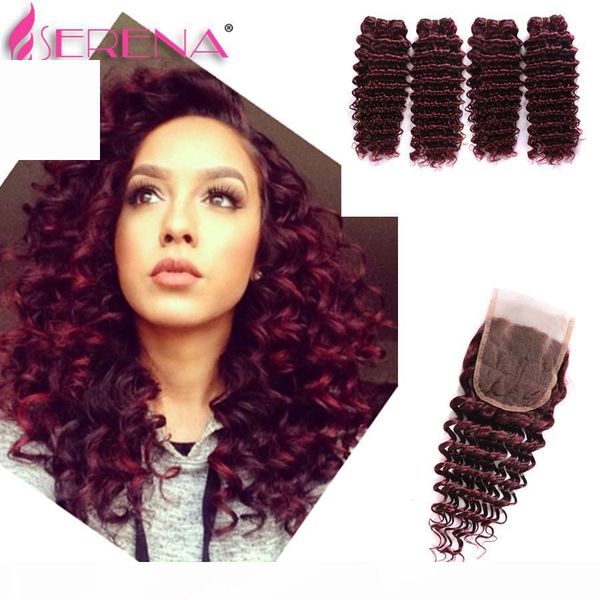

wet and wavy lace frontal closure malaysian hair bundles with ear to ear lace deep wave 4 bundles with closure 99j burgundy, Black;brown