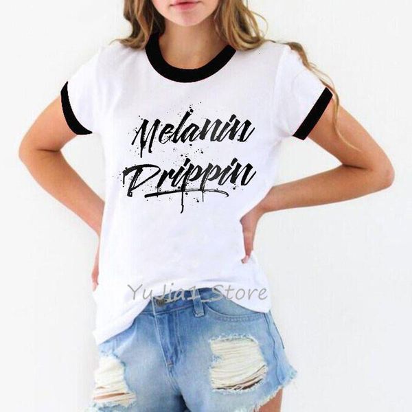 

watercolor melanin poppin letter print tshirts women clothes 2021 vogue black girl magic t shirt femme harajuku shirt tumblr, White
