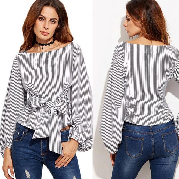 

hirigin fashion women summer striped blouse with belt decor loose o neck pullover casual elegant office lady shirts, White