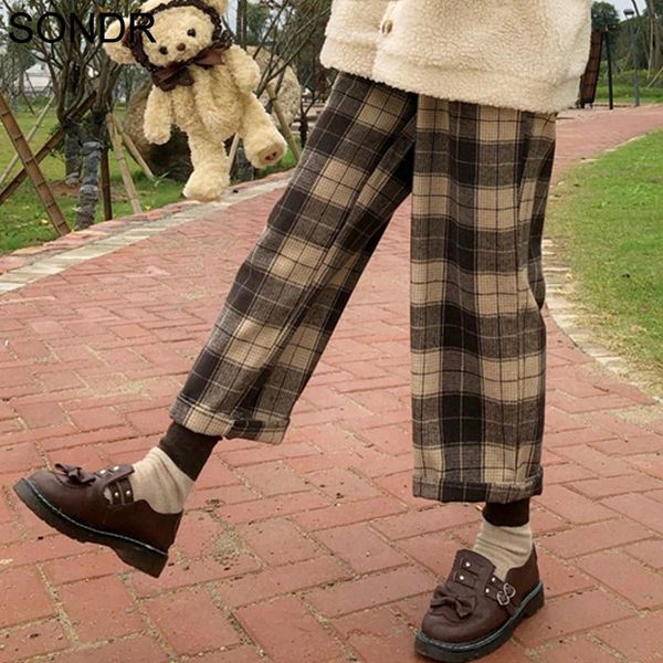 

cute girl woolen plaid pants women 2020 autumn winter new college style all-match ladies cropped pants cotton trousers female, Black;white