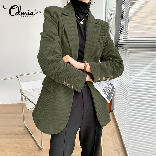 

s-5xl women corduroy blazers celmia autumn winter long sleeve vintage business coats casual solid blazer plus size suit coat 5xl, White;black