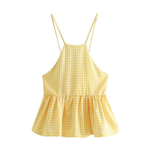 

2021 new cute frenchman portrait miss suspender casual chess tartan yellow lemon camis tanque streetwear women i89j, White